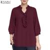 ZANZEA Women Casual Ruffles V-Neck Loose 3/4 Sleeve Blouse