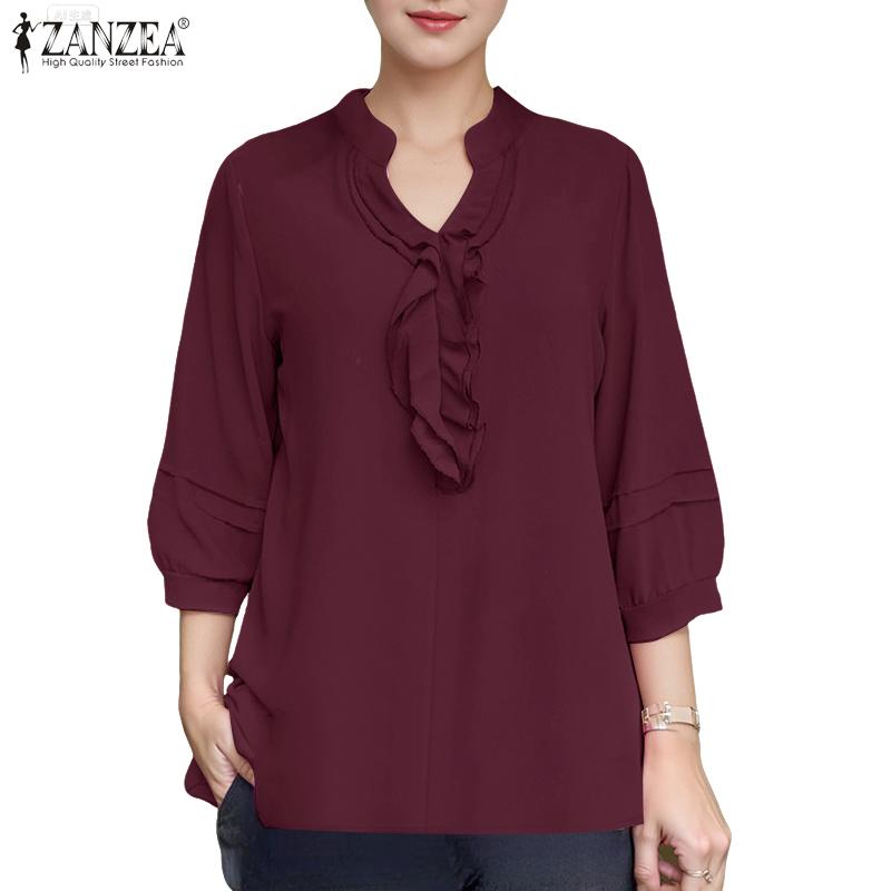 ZANZEA Women Casual Ruffles V-Neck Loose 3/4 Sleeve Blouse