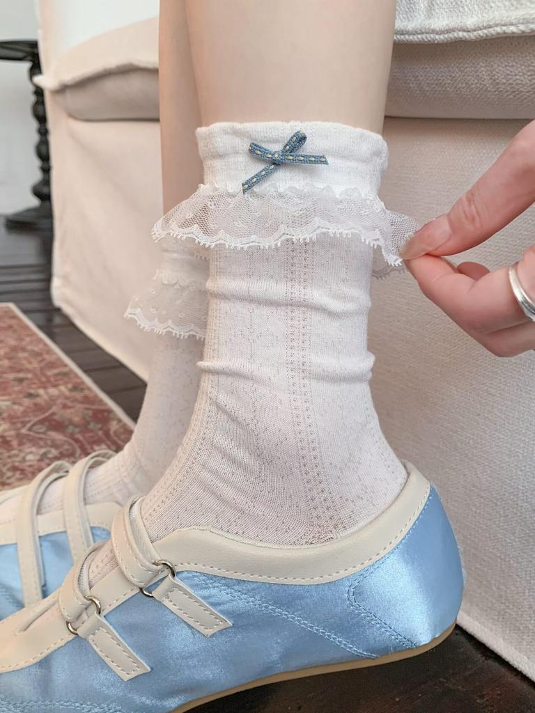 Lace Calf Socks Women'S Summer Breathable Bow Stack Socks Ballet Sweet Lolita Jk Cotton Socks