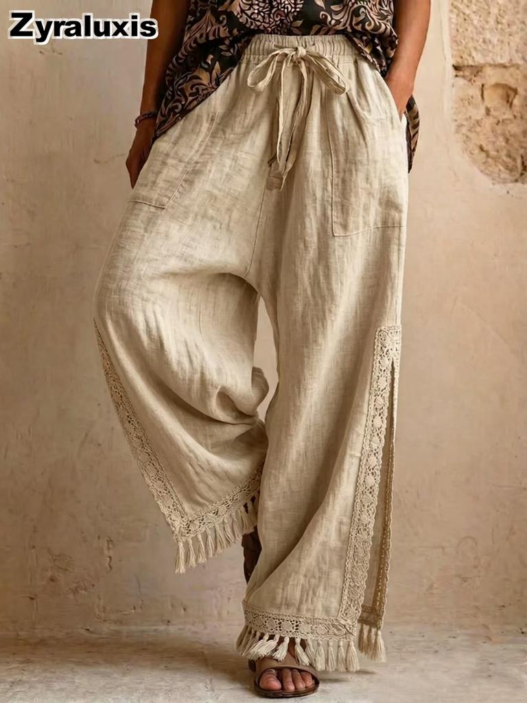 Summer Linen Cotton Side Slit Ruffles Bohemian Wide Leg Pants