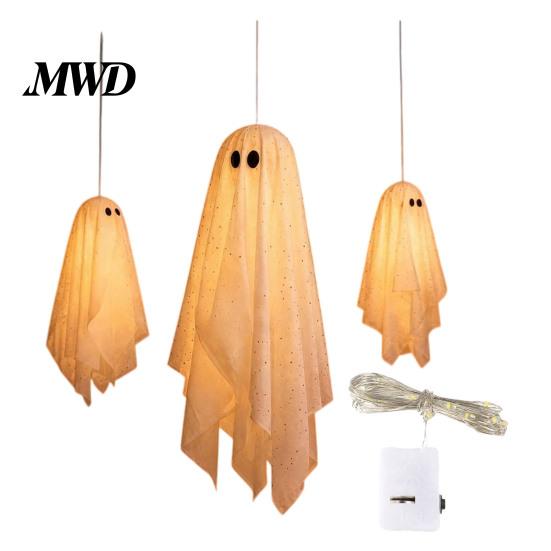 Glowing Halloween Scene Accessories 3Pcs Lighted Hanging Ghost Decorations,Glowing Warm LED Floating Ghosts, Swinging Creepy Yard Decorations