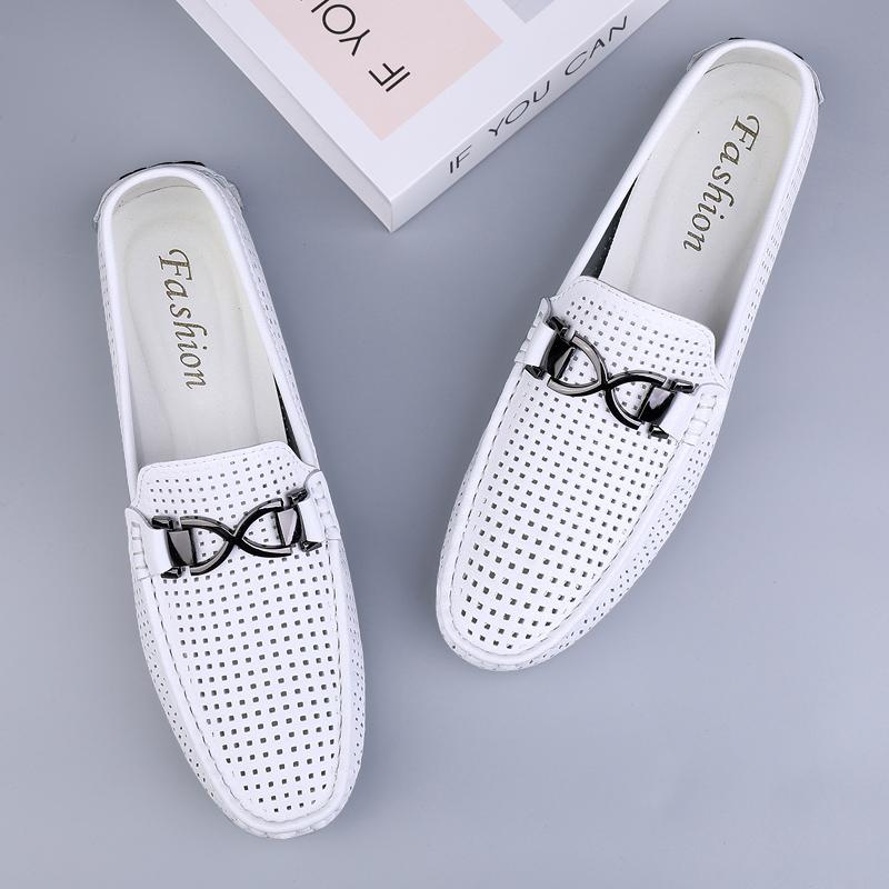 

100% натуральная кожа, роскошные новые летние мужские лоферы, повседневная пляжная обувь для пары, высококачественные модные мокасины-сандалии 47 белый
