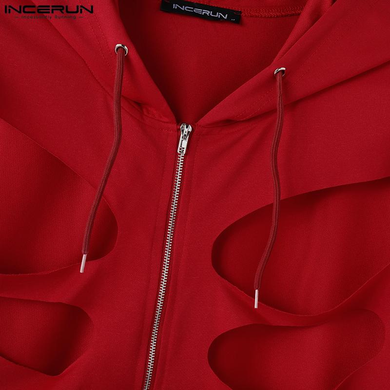 INCERUN Men Long Sleeve Cutout Loose Hollow Pullover Hooded Sweatshirts