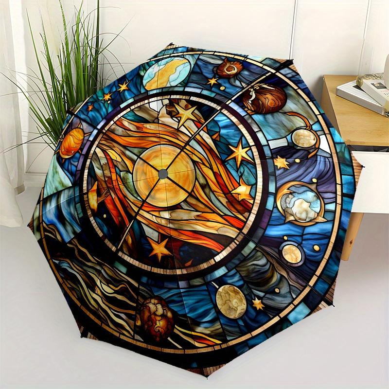 

Stained Glass Celestial Window Panel, Vibrant Solar System Design Umbrella, Cute Umbrella with Cute Design, Portable 3-Fold Compact Umbrella for Men &