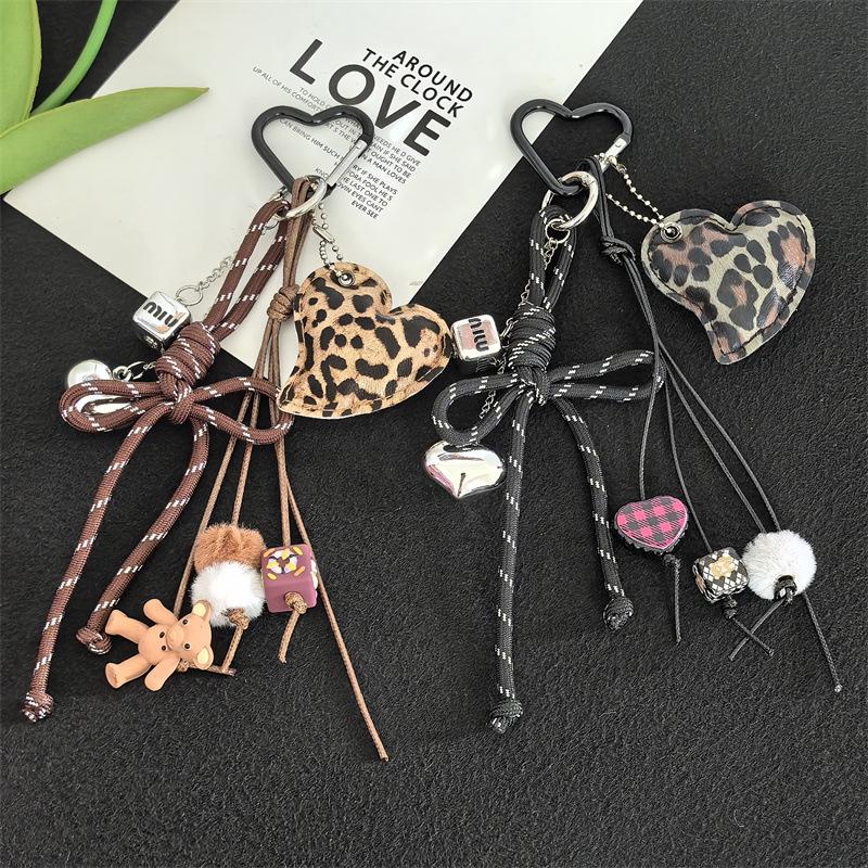 Leopard Print Heart Leather Bow Knot Keychain and Phone Pendant