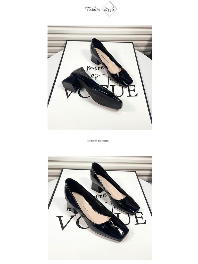 Women's 2024 Green Square Toe Chunky Heel Versatile Low-Cut High Heels