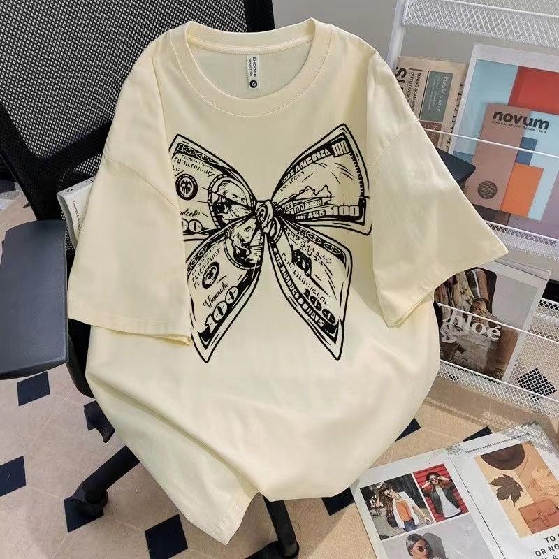 Summer Fashion Trendy Bow Printing Round Neck T-shirt Short Sleeve Large Size Universal Top for Men and Women