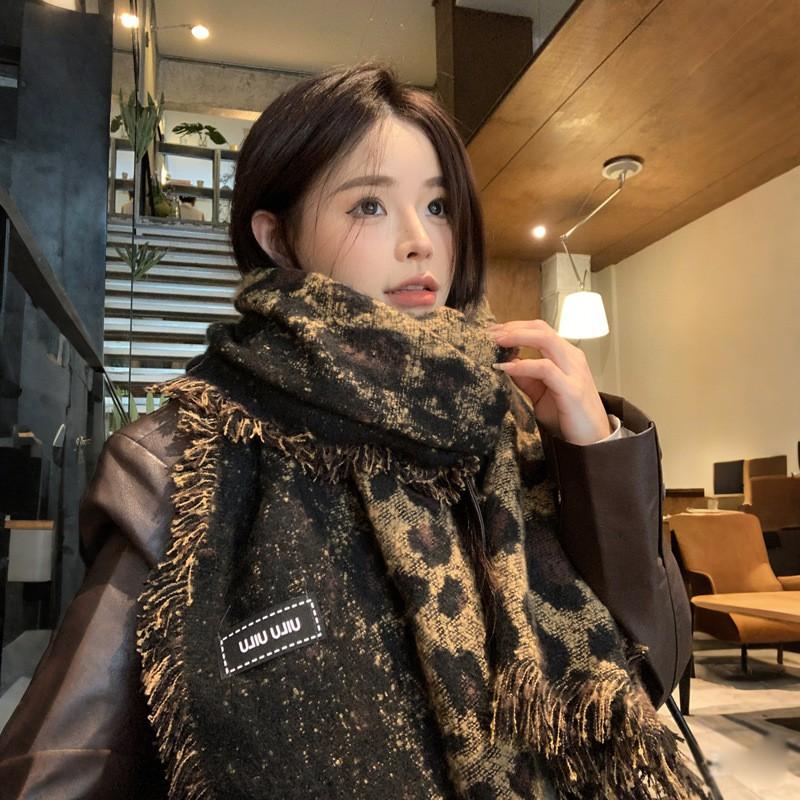 Womens Faux Cashmere Leopard Print Scarf With Fringe Warm Winter Wrap Chic Korean Style Shawl 185x55cm
