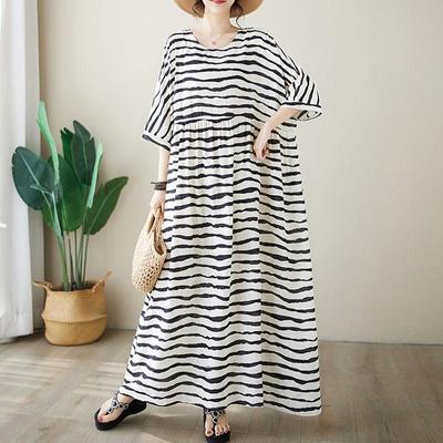 Short Sleeve Plus Size Cotton Vintage Stripe New In Dresses for Women Casual Loose Long Summer Dress