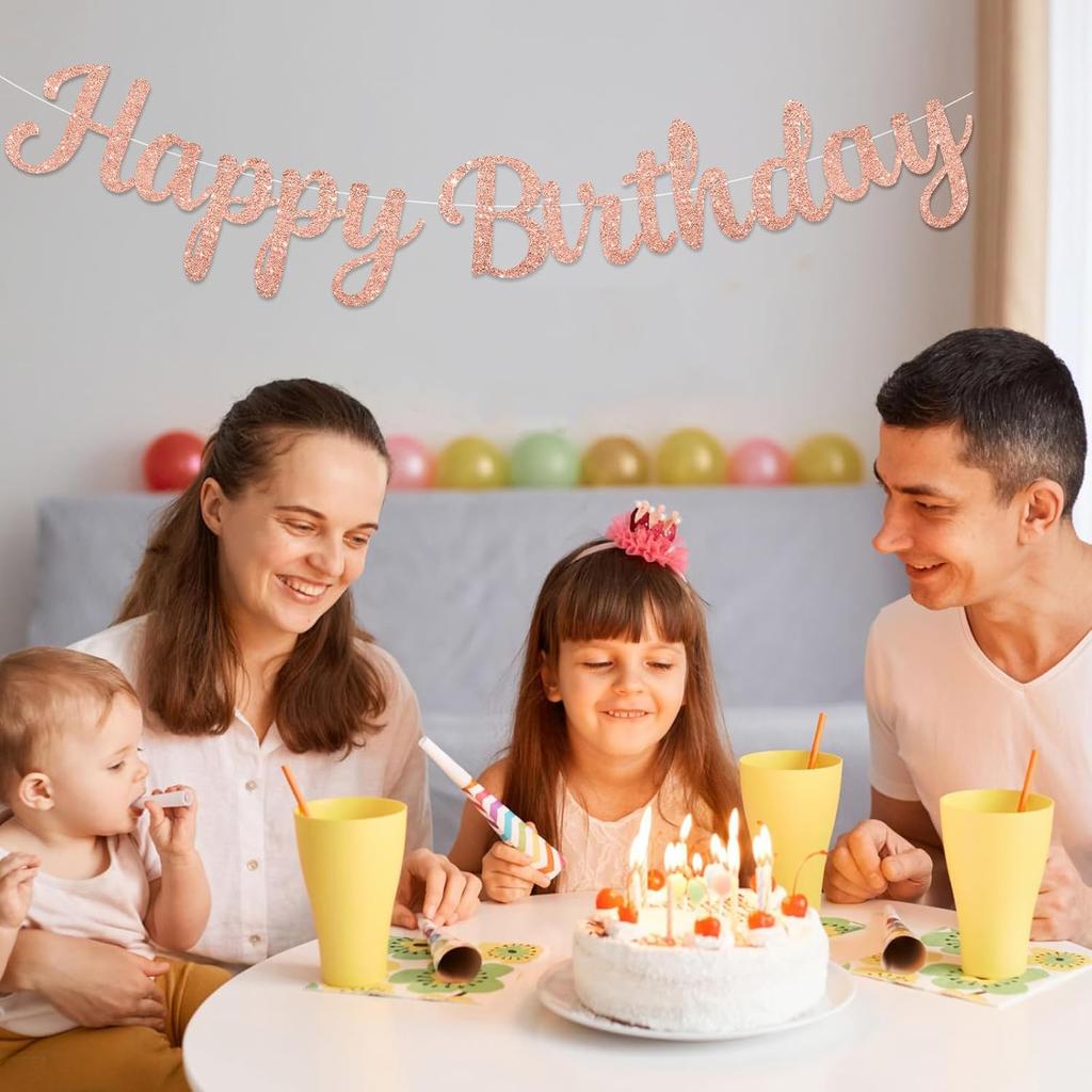 Pre-Strung Rose Gold Happy Birthday Banner NO DIY for Women Men Party Decorations