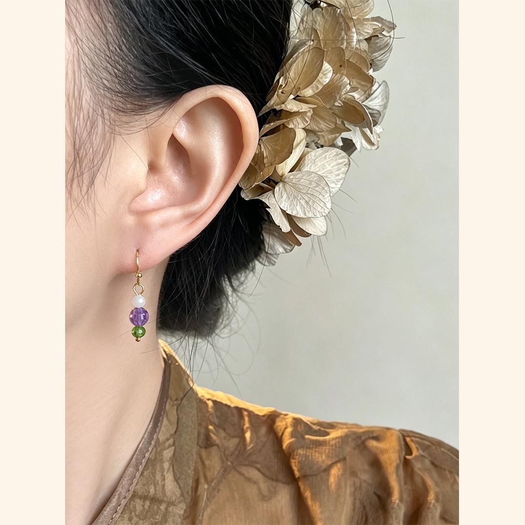 Lavender Purple Natural Stone and Crystal Earrings - Handmade, Simple Forest Style Design for Women