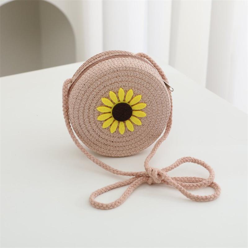 Summer Solid Color Straw Bag Shoulder Messenger Round Bag Children Versatile Outing Beach Bag Light Board DIY Round Weaving