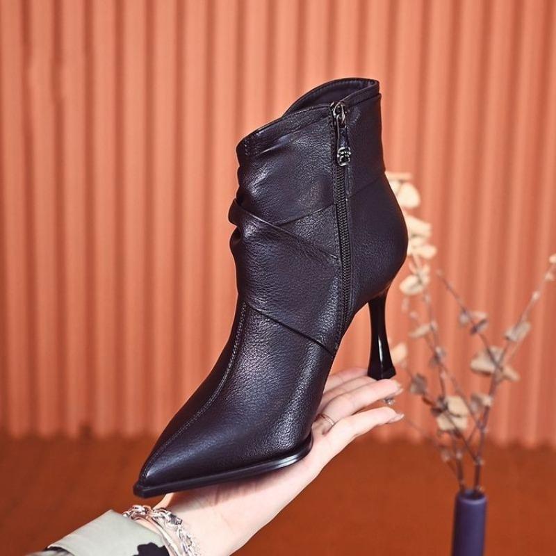 Autumn and winter boots pointed short boots women's new sub-pleated piled boots niche women's boots thin boots stiletto high heels