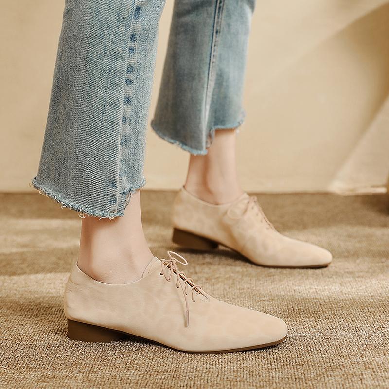 Moda 2025 Vintage Panterka Damskie Szpilki Wiosna Okrągły Nosek Grube Obcasy Dojrzałe Buty Kobieta Skóra Naturalna Sznurowane Podstawowe Biuro Pani