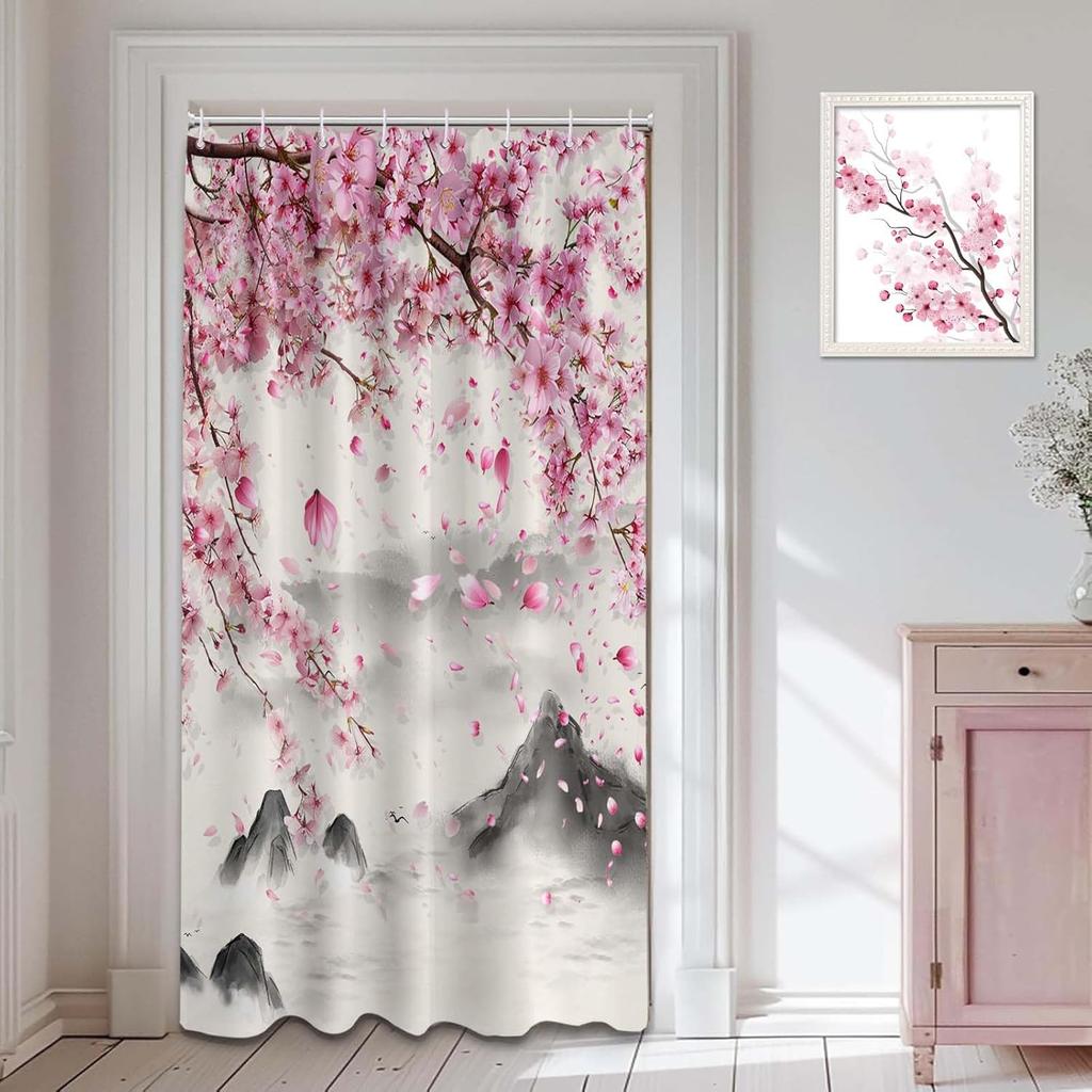 Cherry Blossom Shower Curtain Japanese Pink and Chinese Mountain Anime Bathroom Decor, Waterproof Cloth Fabric with Hooks