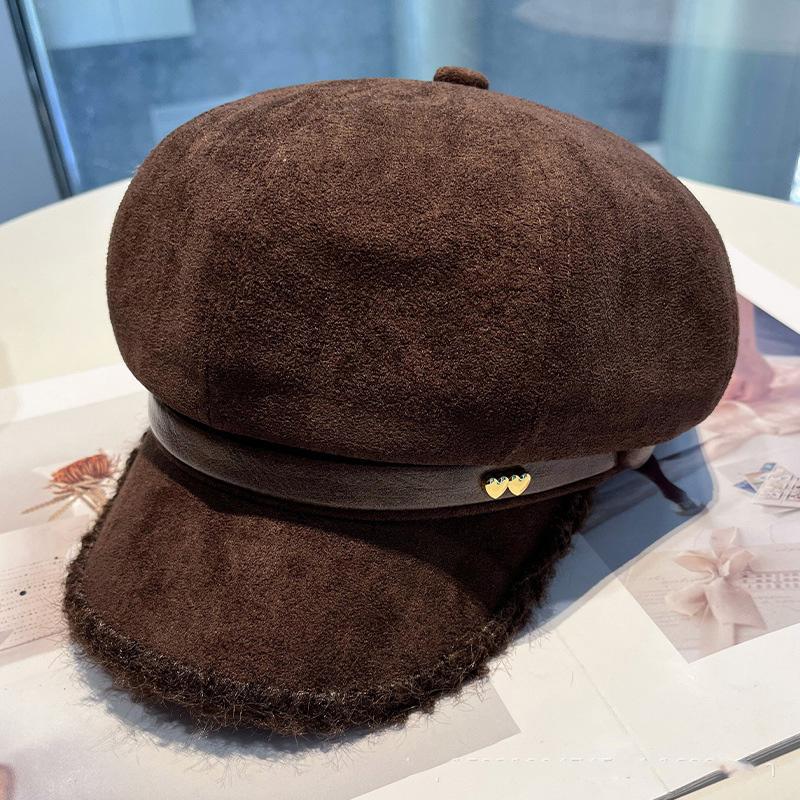 Vintage Faux Suede Newsboy Cap Women Autumn Winter Warm Octagonal Hat with Belt Buckle Elegant Versatile Baker Boy Hat