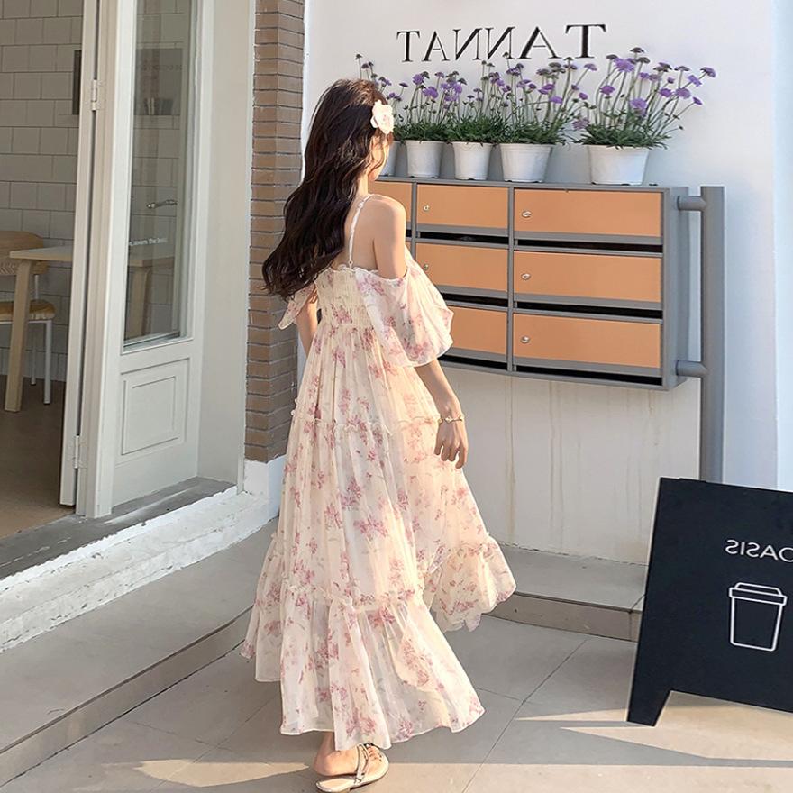 Huge good-looking off-the-shoulder lotus leaf sleeve floral dress for women's summer new fairy fluttering suspender long dress
