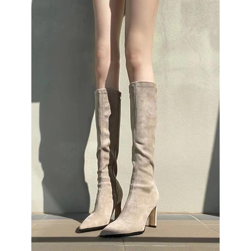 Pointed apricot suede high-heeled boots women's elastic thin boots thick heels but knee-thick high boots