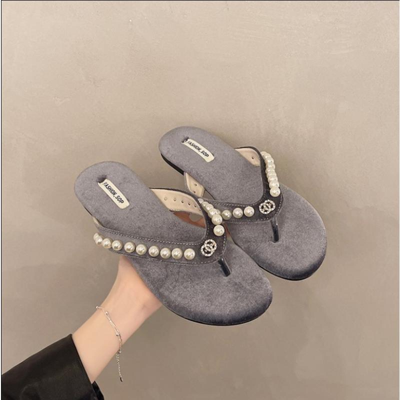 

Fashion Bead Flip Flops Women Clip Toe Slippers Flats Summer 2025 Trend Comfort Casual Woman Elegant Sandalias Mujer 35 серый