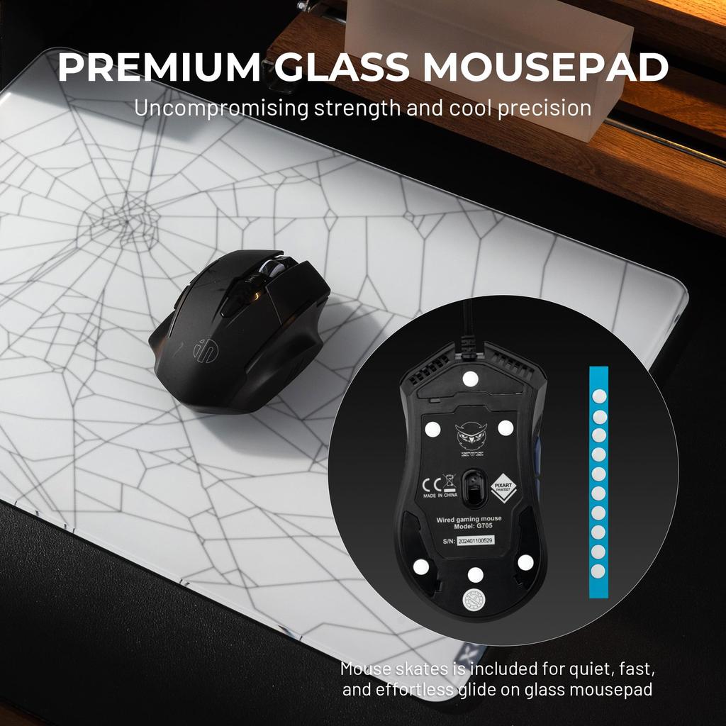 XVX White Glass Gaming Mouse Pad Hard Gaming Mouse Fine Etched Rubber Base x Spider White 4.0, Pad, Ultra-Smooth Surface, Non-Slip (410mm 310mm) -