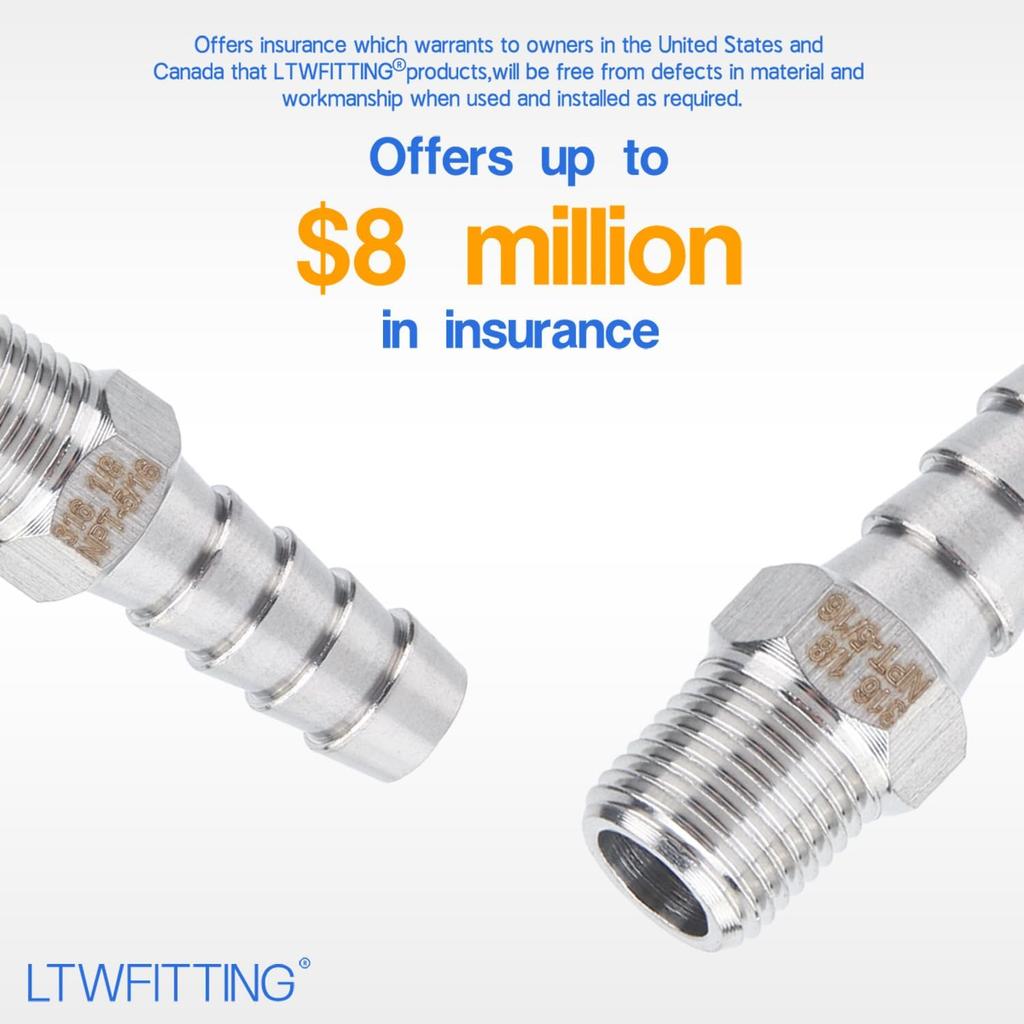 LTWFITTING Bar Production Stainless Steel 316 Barb Fitting Coupler/Connector 5/16" Hose ID X 1/8" Male NPT Air Fuel Water (Pack of 25)