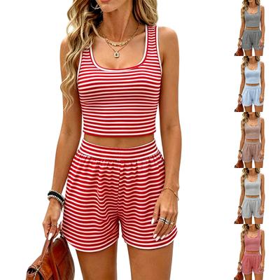Damen Lässiges Zweiteiliges Set Ärmelloses Tanktop und Shorts mit Elastischem Bund Gestreiftes Muster Loungewear Nachtwäsche Set