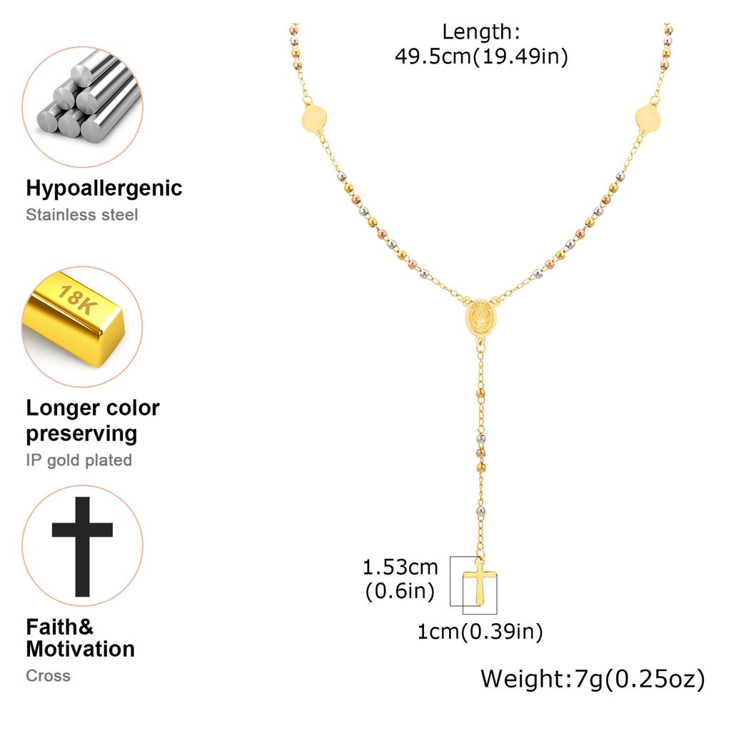 Stainless Steel Virgin Vrand Three-color Beaded Y-Shaped Necklaces for women,The Holy Spirit Cross Pendant Necklace,Jewelry Gift