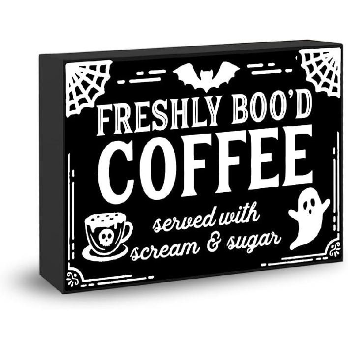 EoffIvan Halloween Decoration Coffee Bar Decor Cute Ghost Freshly Boo’d Coffee Bar Halloween Gothic Kitchen Decor Indoor Wooden Sign For Desk BOO