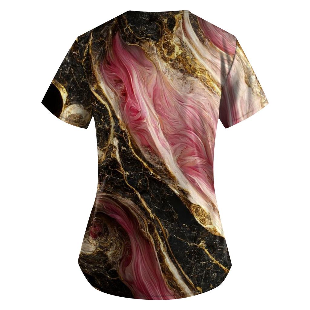 Women's Printing Short Sleeve V-neck Tops Working Uniform Pocket Blouse