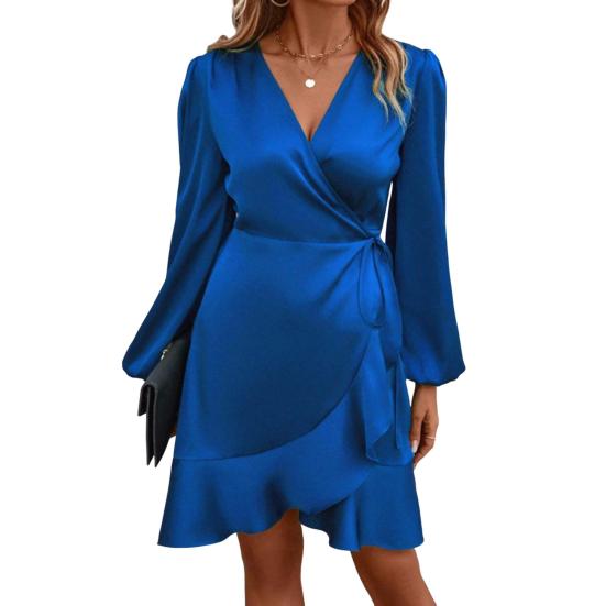 Women Mini Dress V-Neck Lantern Long Sleeve Side Lace-up Dress