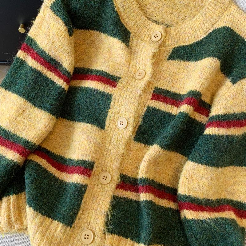Vintage Color Block Stripe Knit Cardigan: Women's Soft, Thickened Warm Sweater Short Jacket
