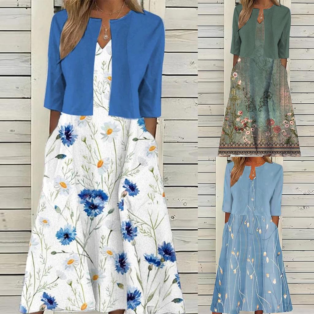 High Quality Women Summer Floral Print Two Piece Dress Set Short Sleeve Outfits