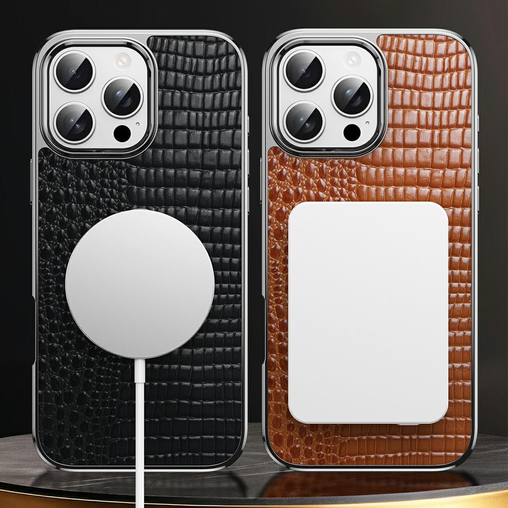 Für iPhone 16 Pro Magnetische Hülle Echtes Rindsleder Hybrid Handyhülle Krokodiltextur Galvanisiert