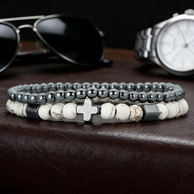 Business 2pcs Men Bracelet Set Hematite Cross Braslet For Hombre Natural Lava Tiger Eyes Stone Braclet Homme Beaded Brazalete Pulseira