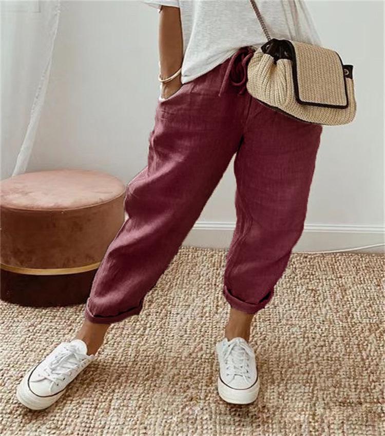 2024 European & American Style Print Cotton Linen Casual Pocket Long Pants