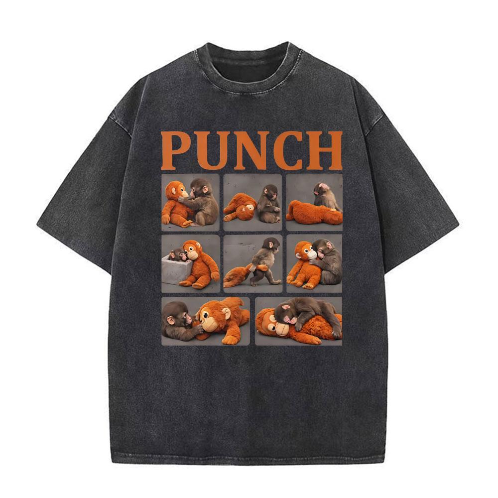 Punch The Funny Monkey Graphic T Shirt Unisex Women Clothing High Quality Crewneck Tshirts Oversized Vintage Washed Humor T Shirts