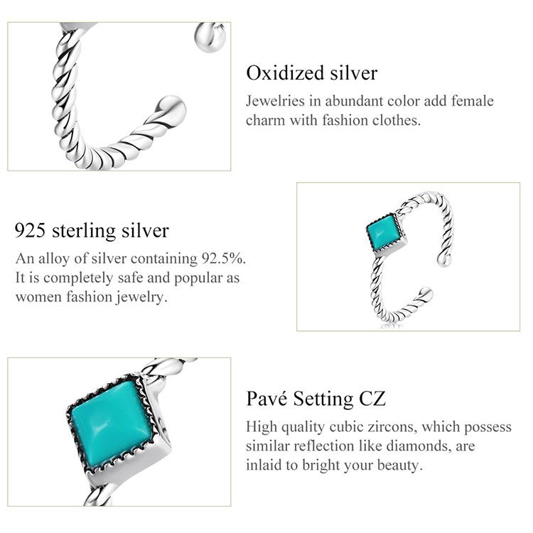 BAMOER 925 Sterling Silver Delicate Turquoise Twist Pattern Adjustable Ring for Women Fine Jewelry
