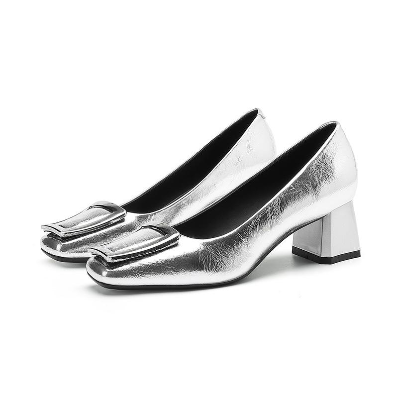 9-9 Medium heel thick heel Mary Jane shoes women's silver square buckle single shoes women's autumn new square head high heels