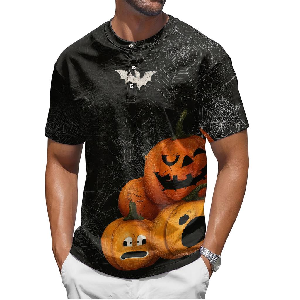 Men's Halloween Print Short Sleeve Henley Shirt Casual Round Neck Tee with Button Detail Suitable for Seasonal Wear