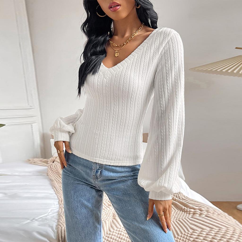 Ladies Casual Fashion V-Neck Puff Sleeve Cable Knit Long Sleeve Top