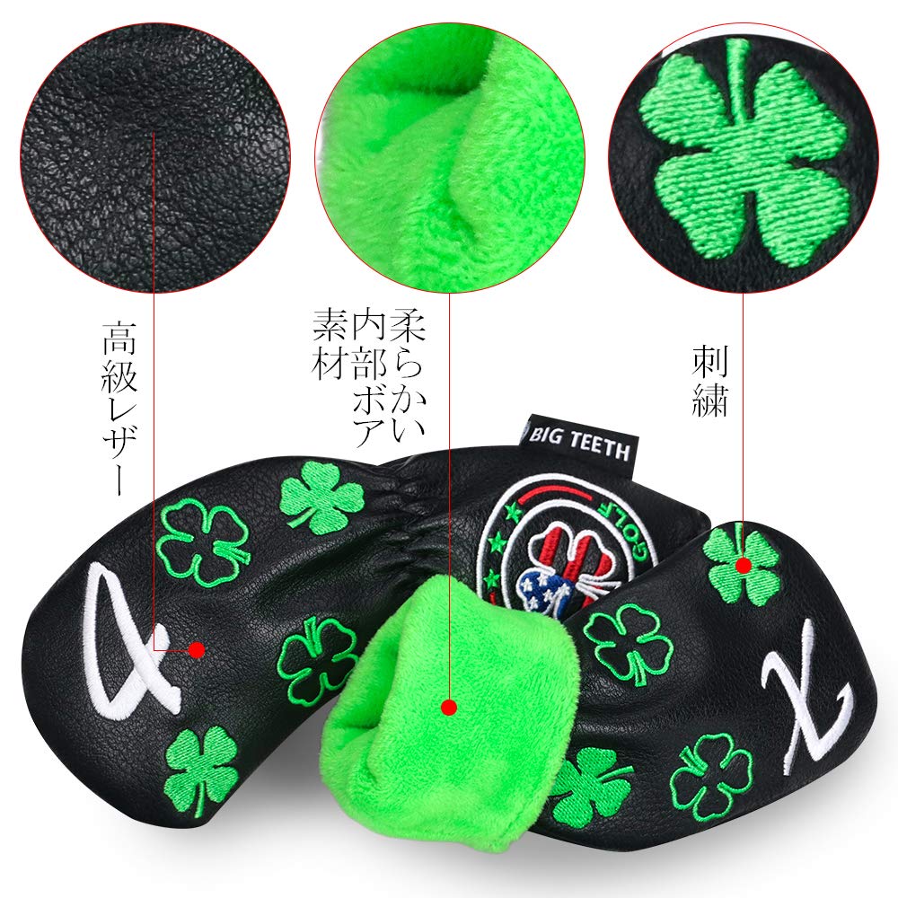 Big Teeth Golf Iron Headcover Set (11 Pieces: 4-9, P, A, S, L, X) with Embroidered Numbers, Long Neck, Elastic Closure, Clover Embroidery, Synthetic L