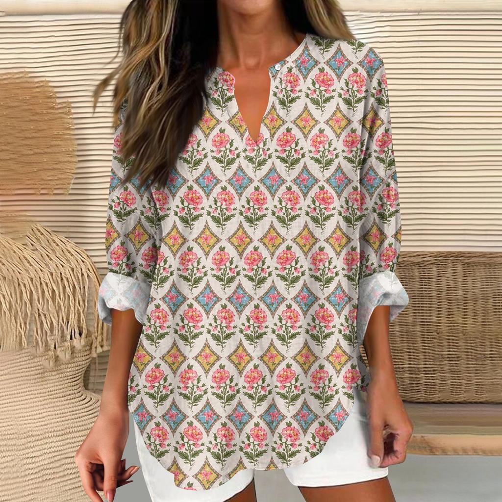 Dámské tričko s potiskem s dlouhým rukávem pro každodenní nošení a víkendovou módu, základní top s výstřihem do V a zakřiveným lemem, běžného střihu