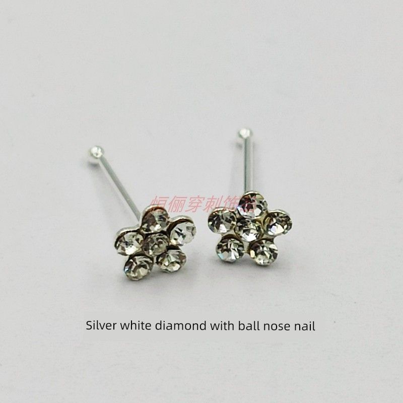 

Silver Flowers Nose Stud Little European and American Style Puncture Nose Ring Indian Nose Bean Nose Studs Non-Allergic Stylish Diamond-Embedded White Diamond Silver Needle Tip Head - 2/Pack