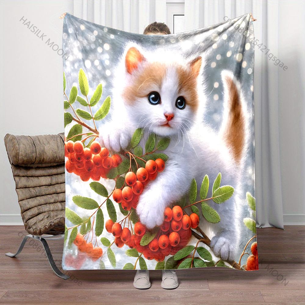 White Kitten with Red Berries Print Blanket Warm Soft Luxury Gifts for Children Adults Suitable for Home Sofa Bed Travel RV 75X95CM