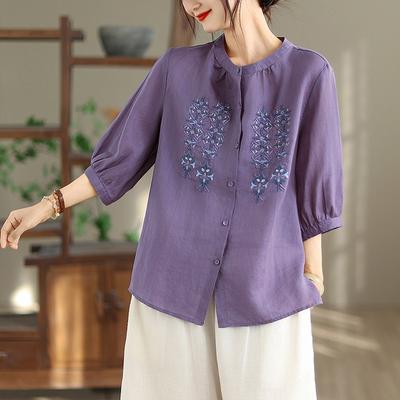2025 Summer New Large Size Heavy Industry Embroidered Cotton and Linen Shirt Femininity Stand-up Collar Shirt Embroidered Thin Top Summer