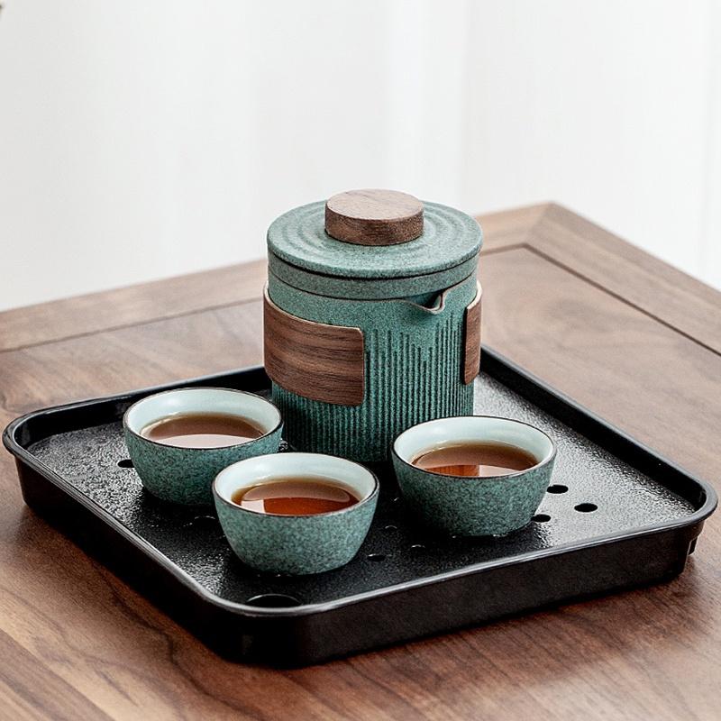 Bluestone Glaze Striped Ceramic Quick Tea Cup One Pot Three Cups Portable Kung Fu Tea Set