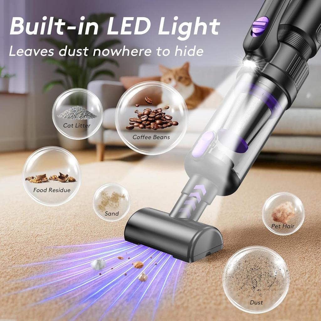 Portable Cordless Car Vacuum 20000Pa, 130W Brushless Motor with LED Light & 7800mAh Battery, Multi-Nozzles for Car, Home, Office