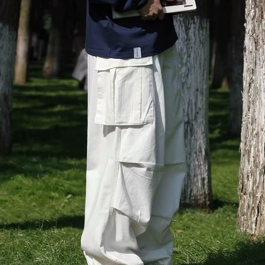 

Мужской облегающий белый комбинезон в стиле хип-хоп с широкими штанинами и большими карманами XL белый