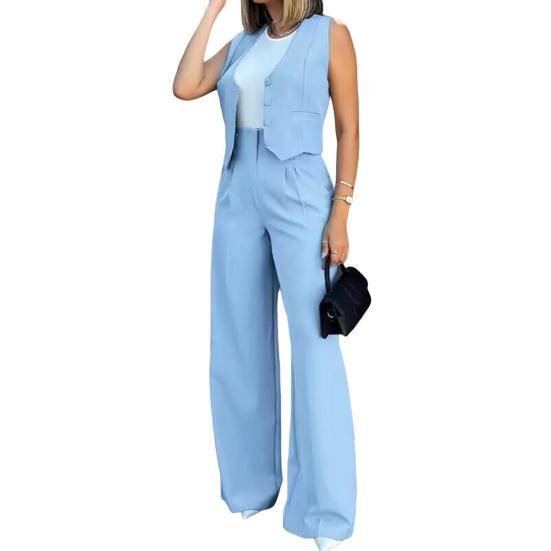 Әйелдерге арналған 2 бөліктен тұратын іскерлік киімдер V-образды мойын ойығы бар түймелі қысқа жилет-топ және жоғары белді панталон жинағы Жазғы кеңселік жұмысқа арналған костюм