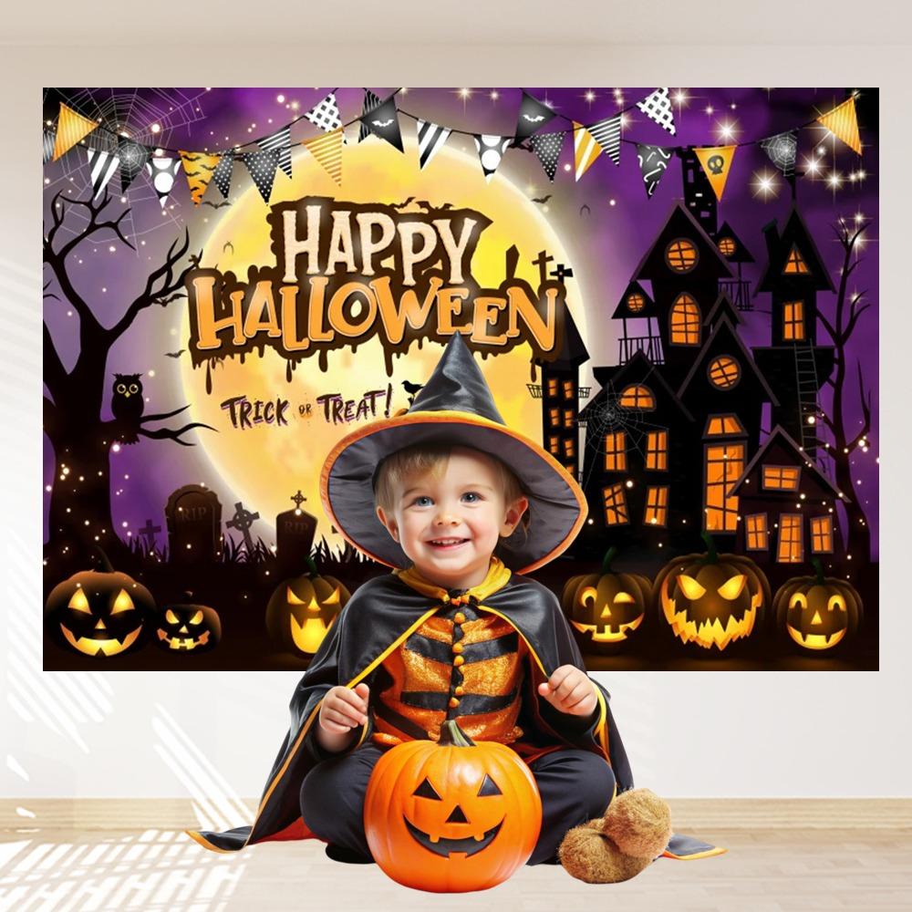 Happy Halloween Horror Castle Backdrop Full Moon Scary Night Halloween Background Skeleton Pumpkin Kids Cosplay Supplies Banner